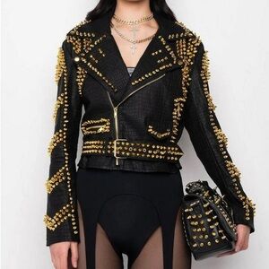 Azalea Wang Studded Black and Gold sofi croc faux leather Women's Jacket